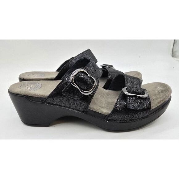 Dansko Womens Black Shimmer Buckle Strap Wedge Sandals Size 39 - Picture 1 of 7